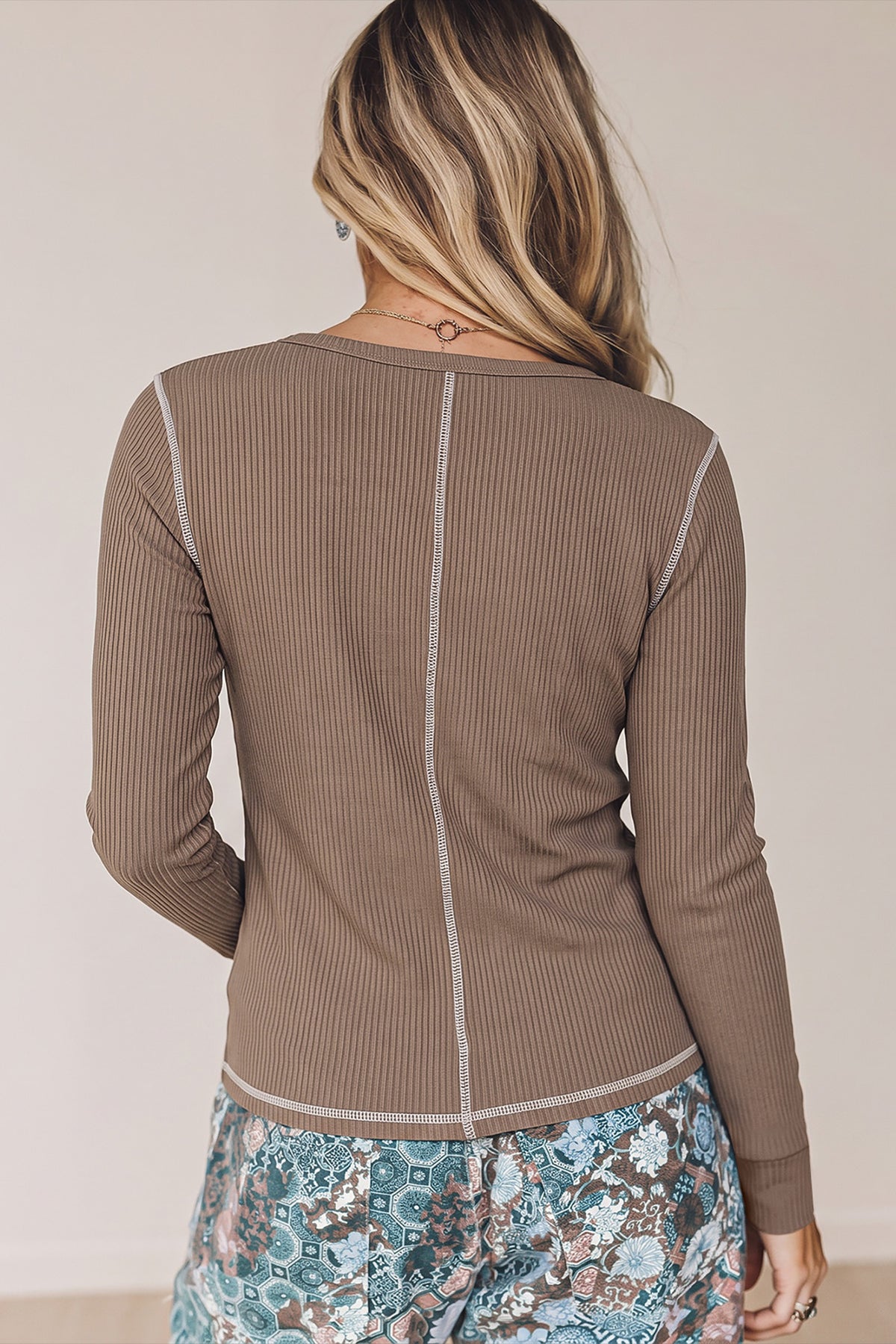 Flamingo V Neck Ribbed Stitched Detail Long Sleeve Top