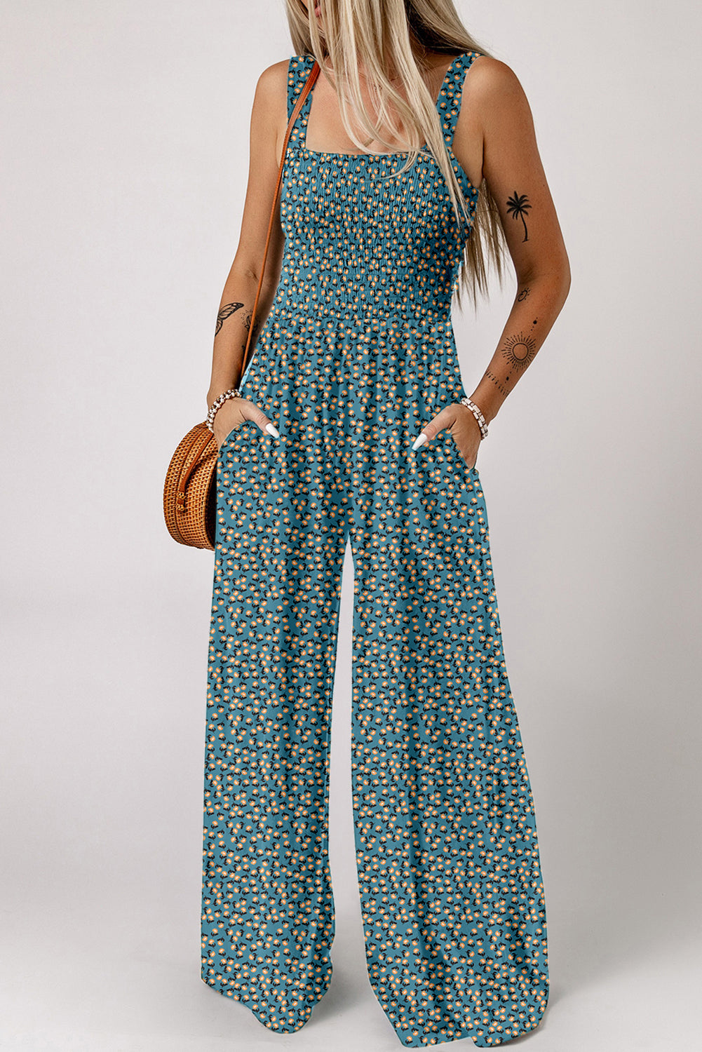Black Floral Print Smocked High Waist Square Neck Jumpsuit