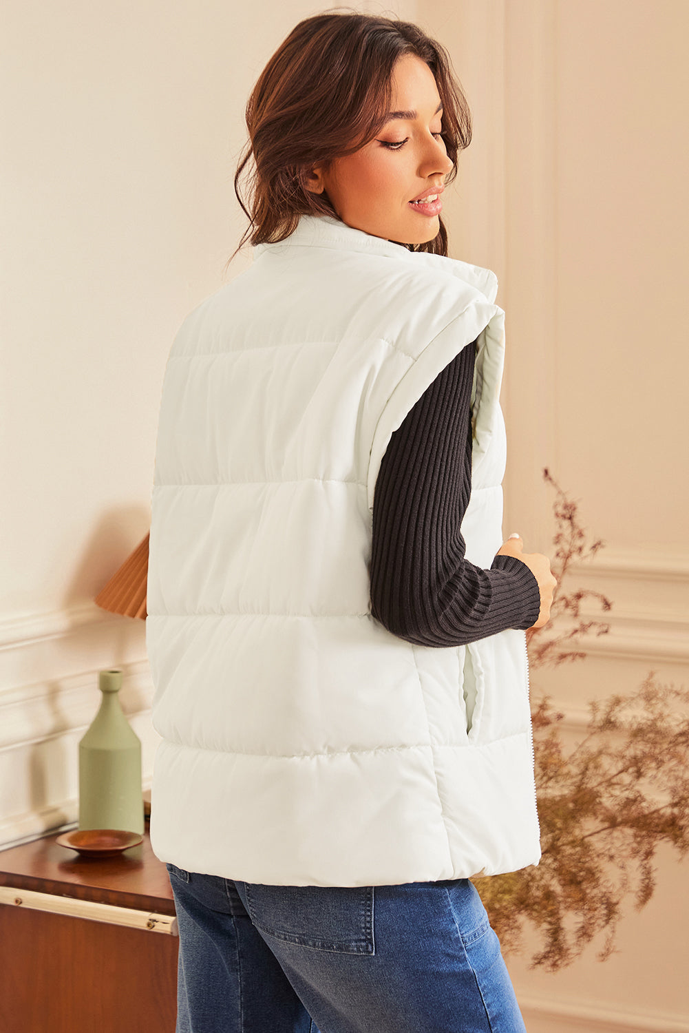 Beige  Zipper Stand Neck Oversized Puffer Vest