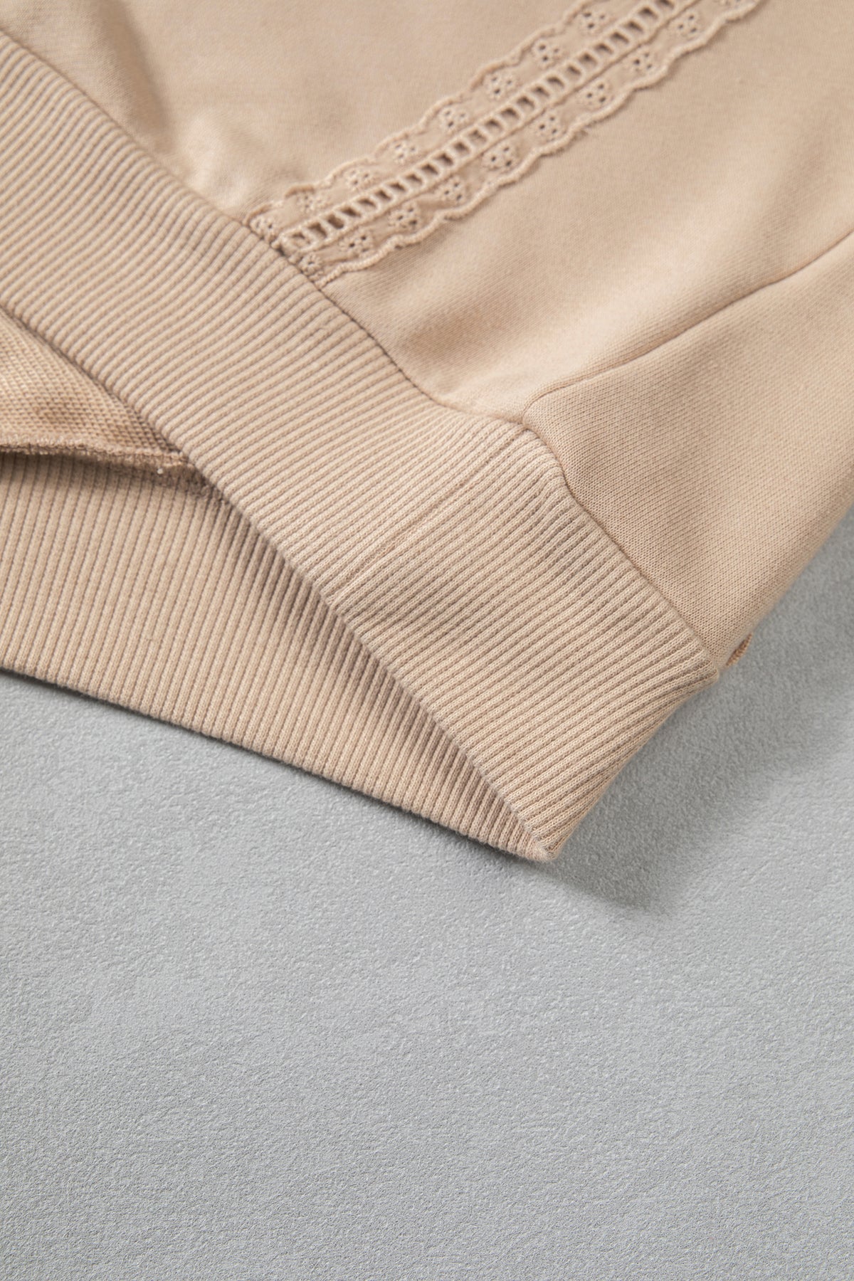 Parchment Solid Color Raw Seam Lace Detail Loose Casual Sweatshirt