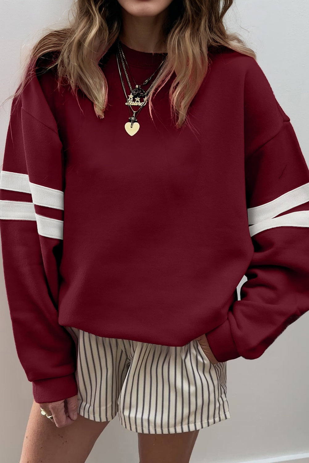 Light French Beige Varsity Striped Detail Drop Shoulder Oversized Sweatshirt