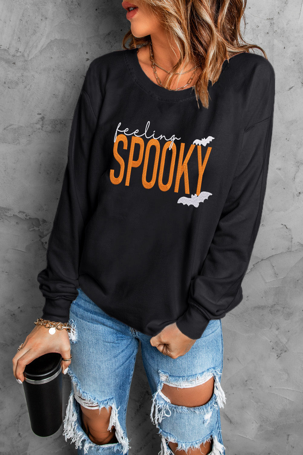 Black Feeling Spooky Halloween Embroidered Graphic Baggy Sweatshirt