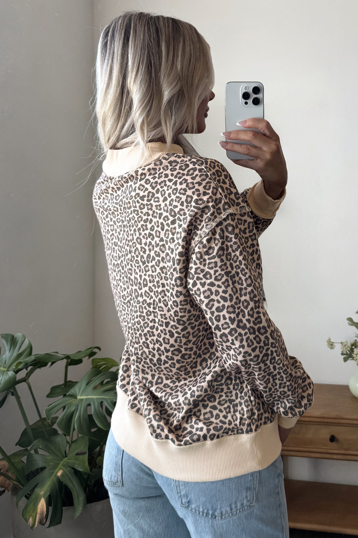 Brown Leopard Print High Neck Long Sleeve Ribbed Cuffs Hem Sweatshirt