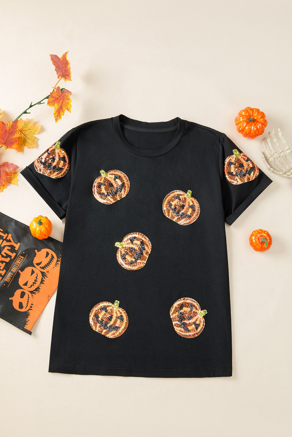 Black Sequin Pumpkin Face Halloween T Shirt