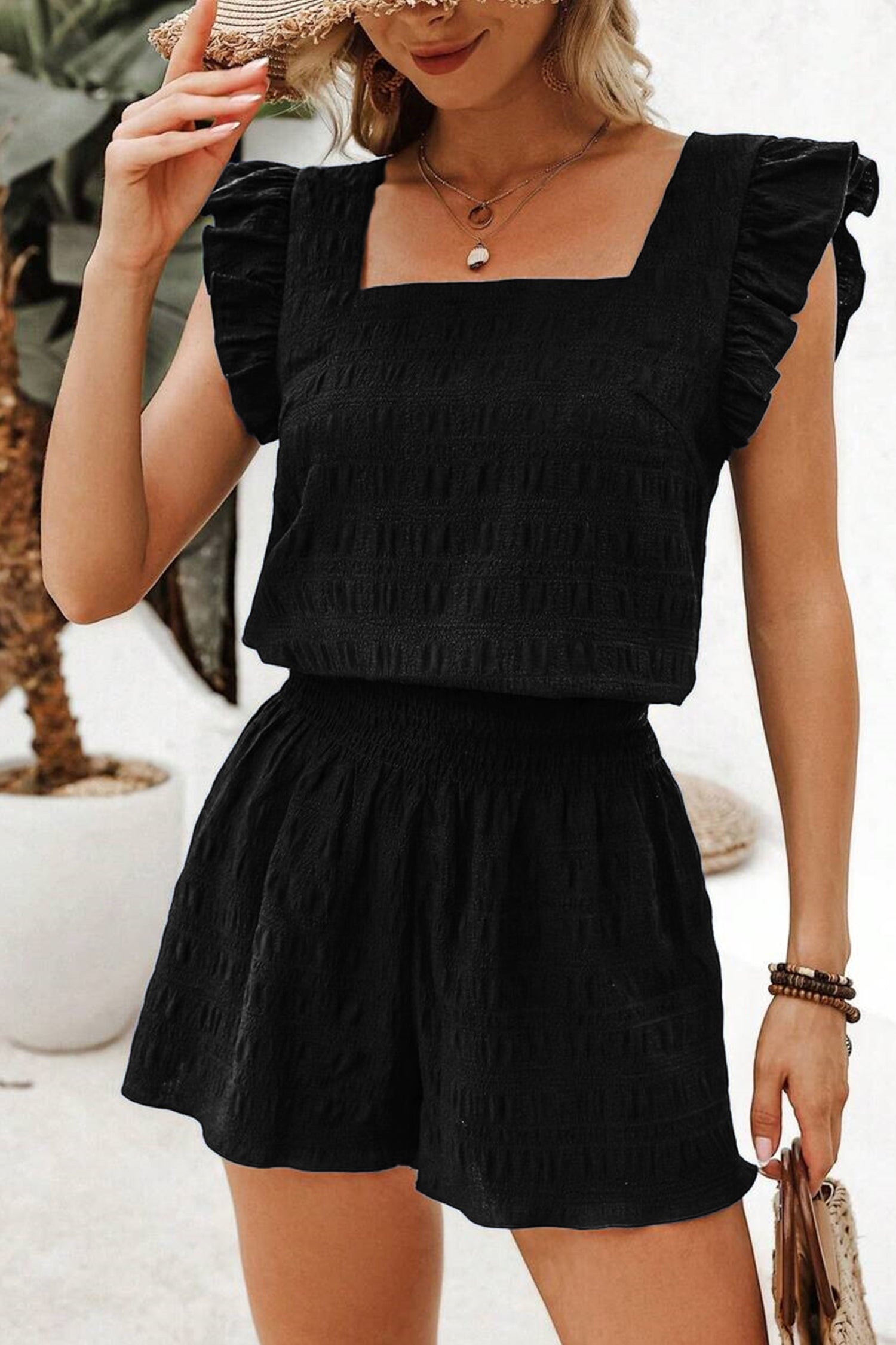 Dirty blue Textured Square Neck Top and Shirred High Waist Shorts Set