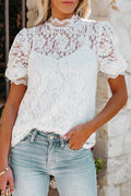 White High Neck Lace Short Sleeve Blouse