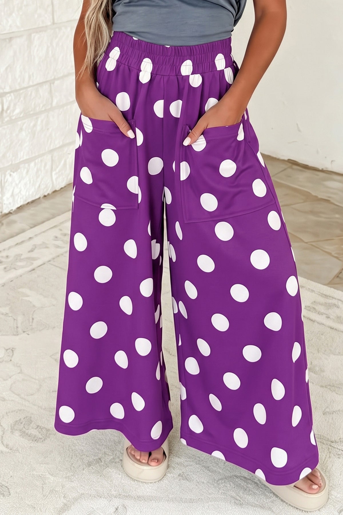 Burgundy Polka Dot Wide Leg Elastic Waist Casual Pants