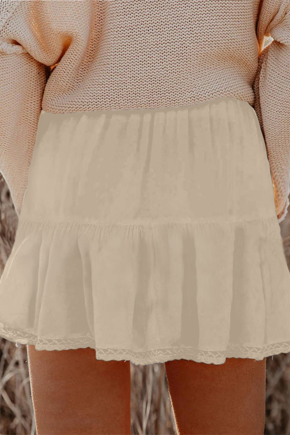 Rose Red Plus Size Frilled Elastic Waist Lace Trim Boho Ruffled Shorts