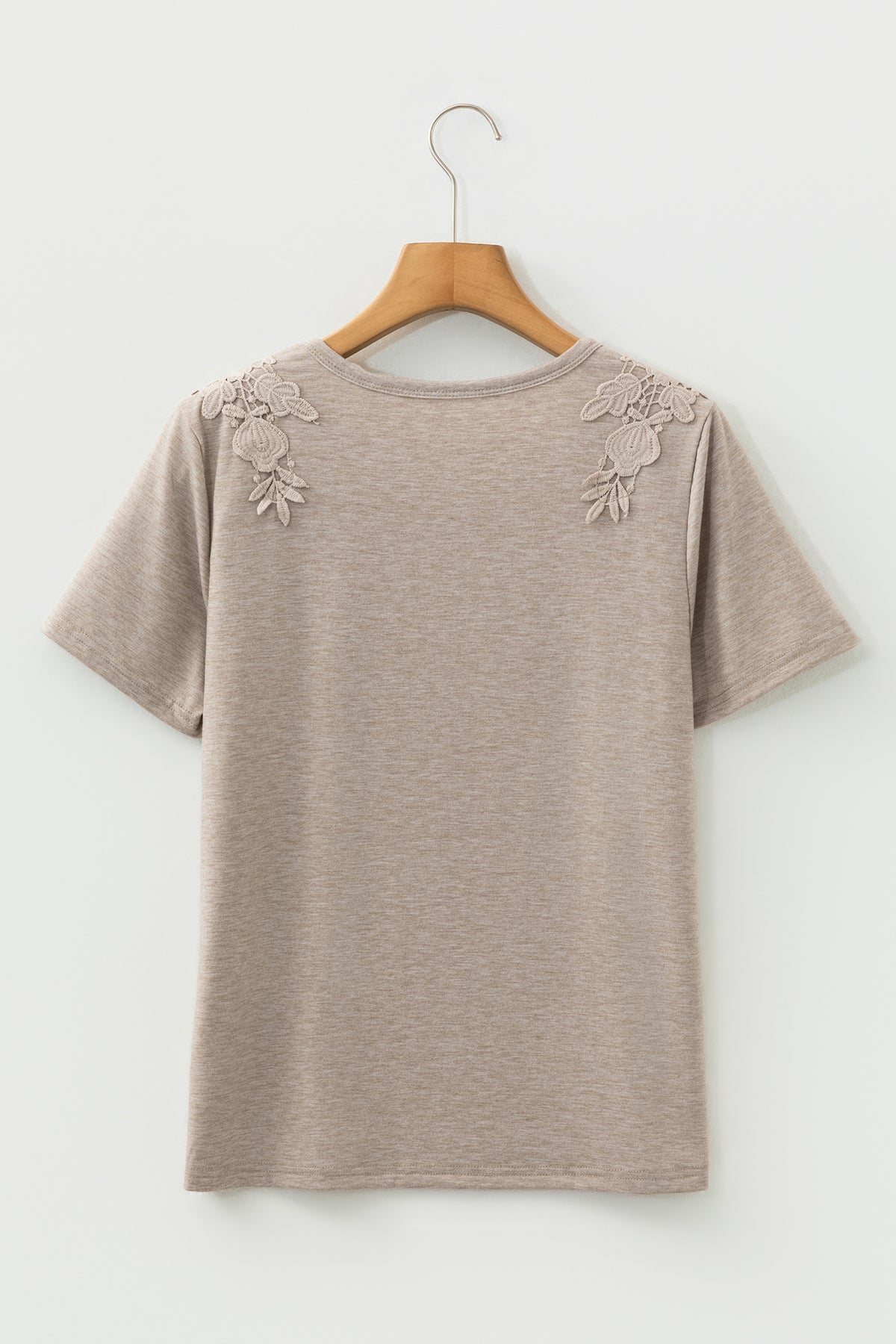 Smoke Gray Solid Color Lace Patched Detail Round Neck Tee