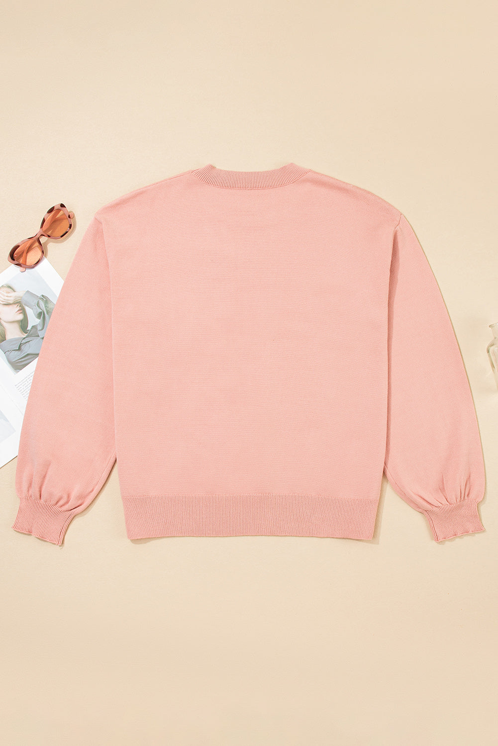 Peach Blossom Big Flower Accent Bubble Sleeve Drop Shoulder Sweater