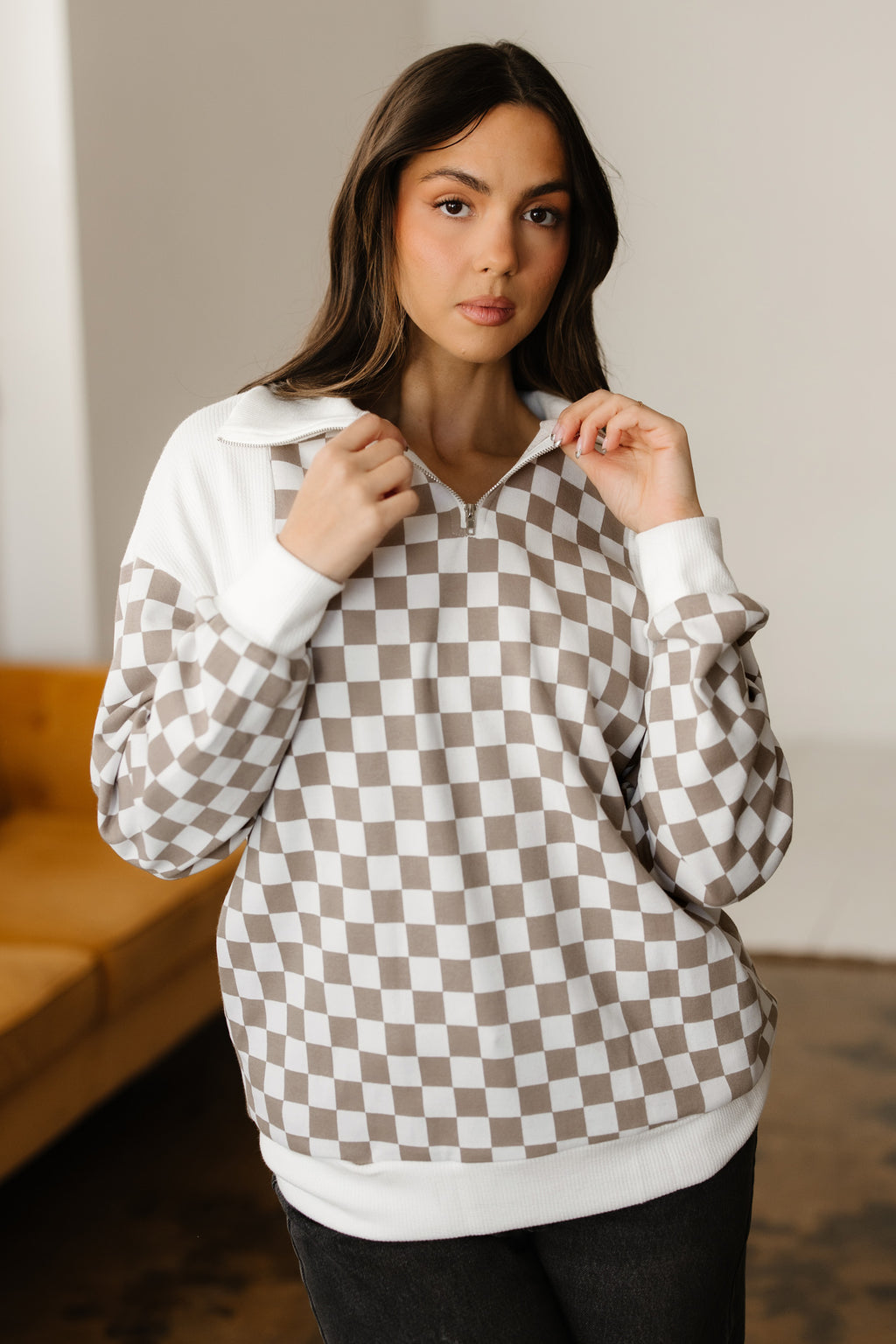 Khaki Checkered Print Quarter Zip Ribbed Patchwork Loose Sweatshirt