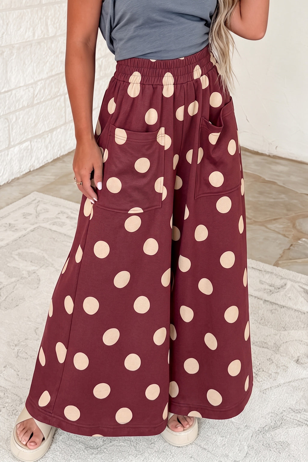 Burgundy Polka Dot Wide Leg Elastic Waist Casual Pants