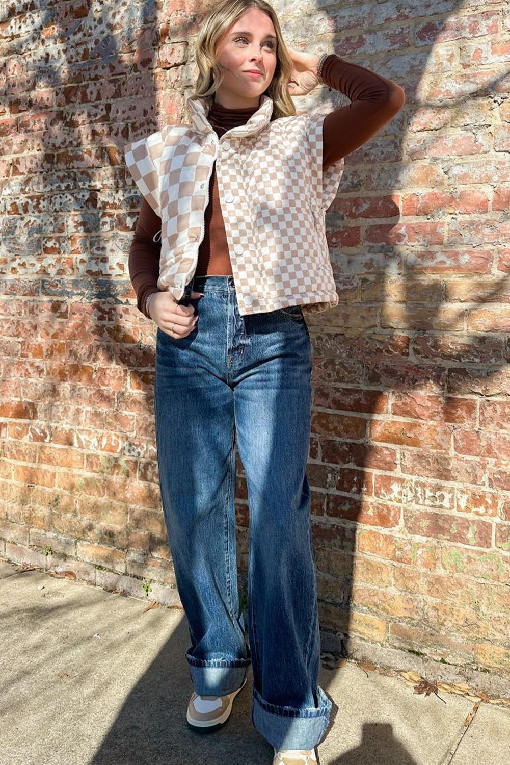 Khaki Contrast Plaid Quilted Button Zip Up Vest