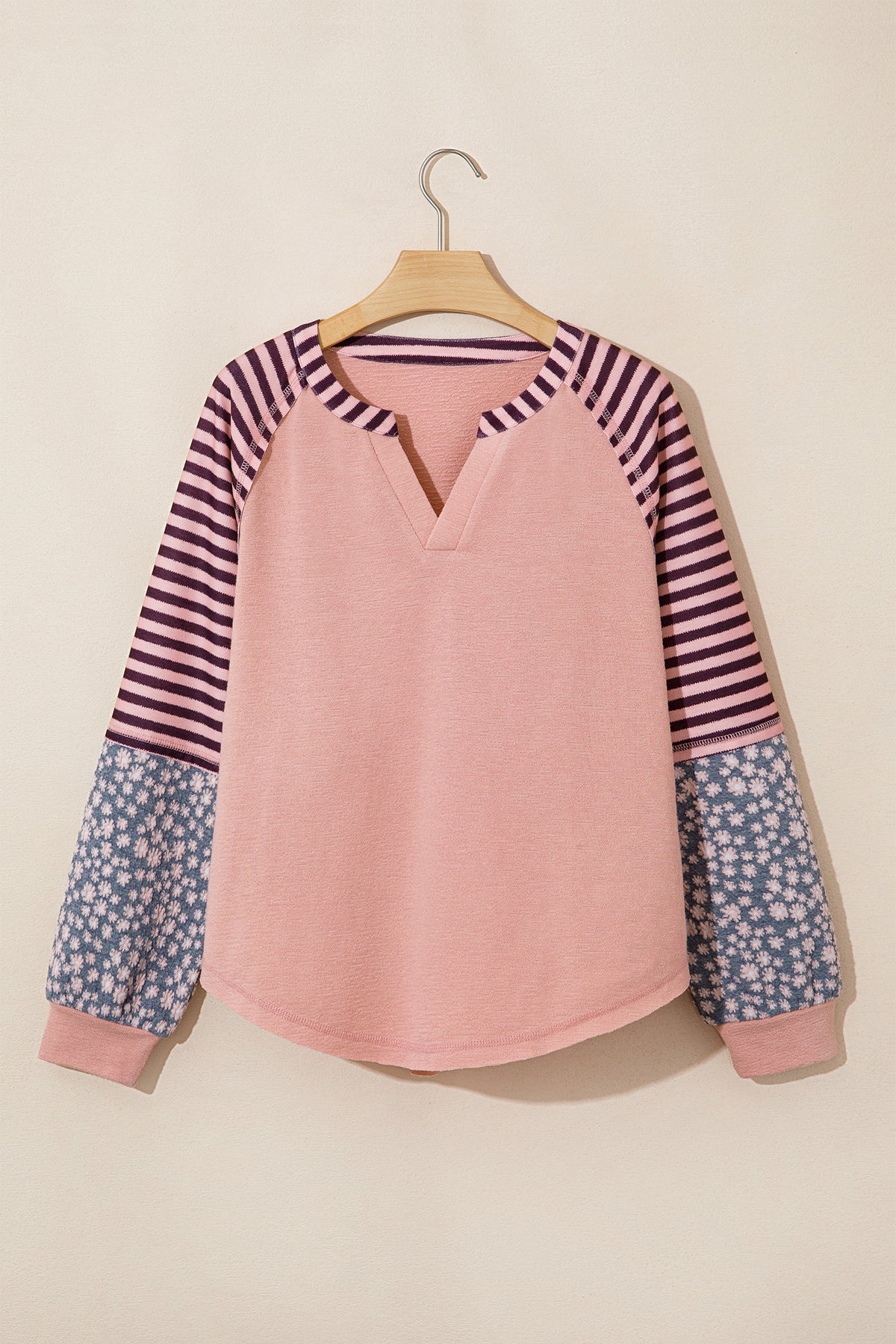 Light Pink V Neck Colorblock Patchwork Striped Floral Long Sleeve Casual Top