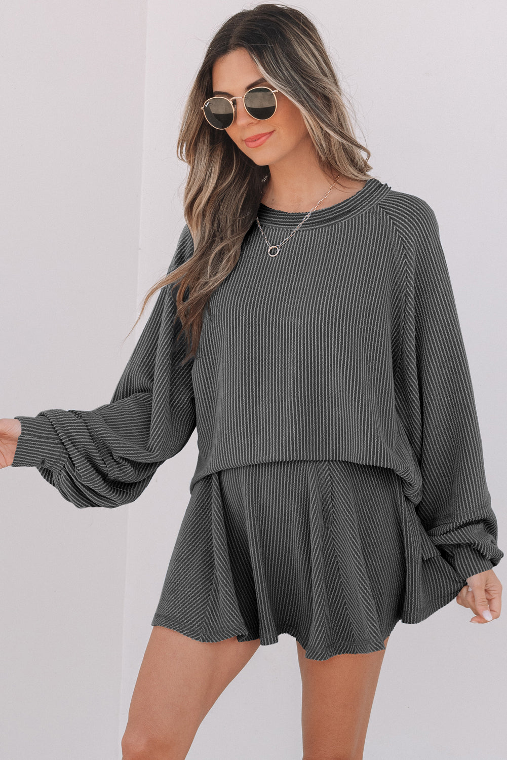 Dark Grey Corded Lantern Sleeve Top High Waist Ruffled Mini Skirt Set