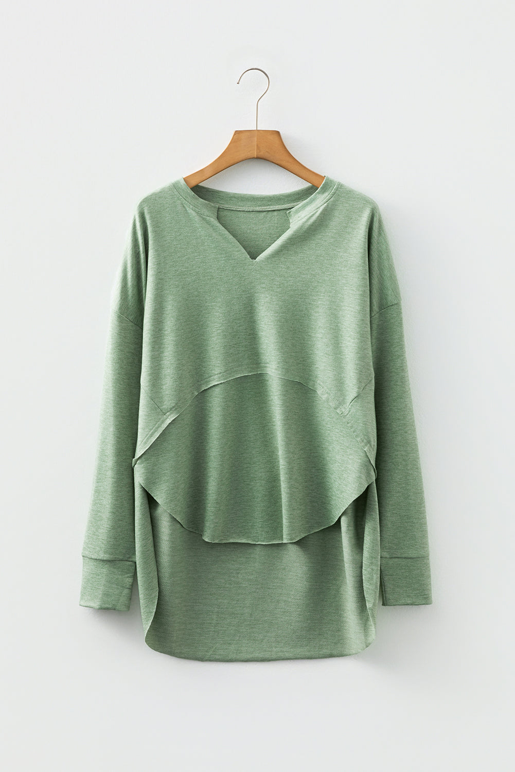 Smoke Green Notched Neck Terry Raw Hem Long Sleeve Top