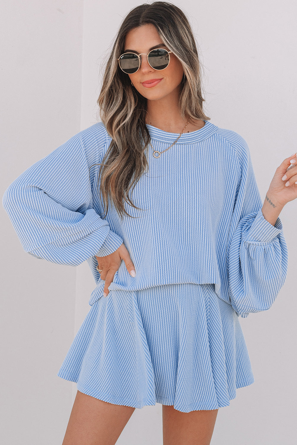 Dark Grey Corded Lantern Sleeve Top High Waist Ruffled Mini Skirt Set