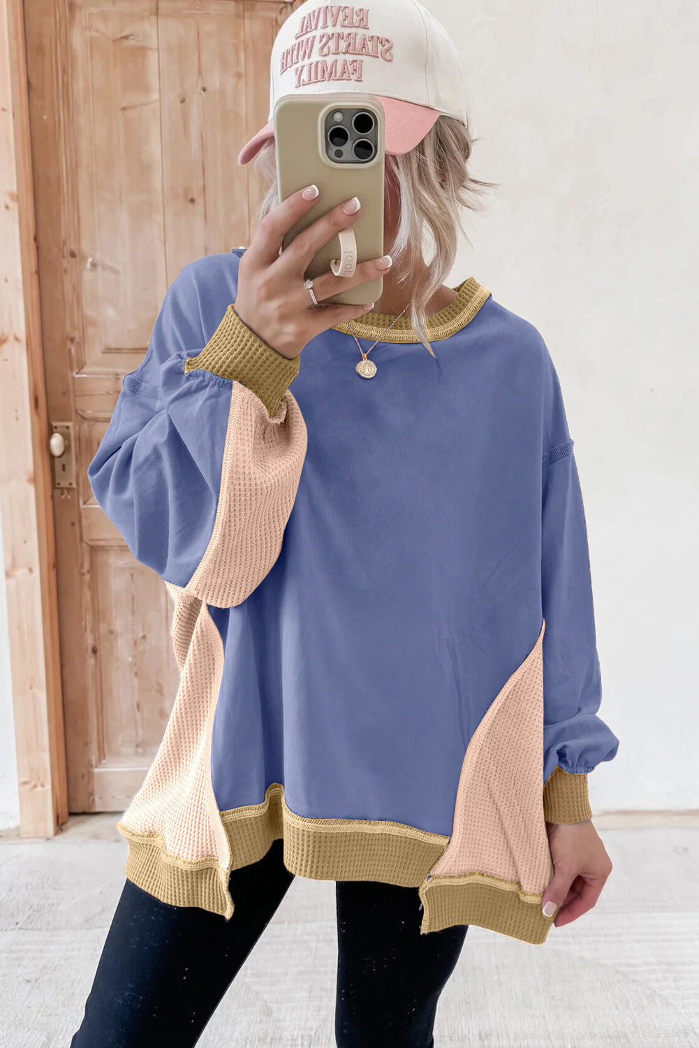 Smoke Green Color Block Mix Texture Waffle Patchwork Oversize Sweatshirt