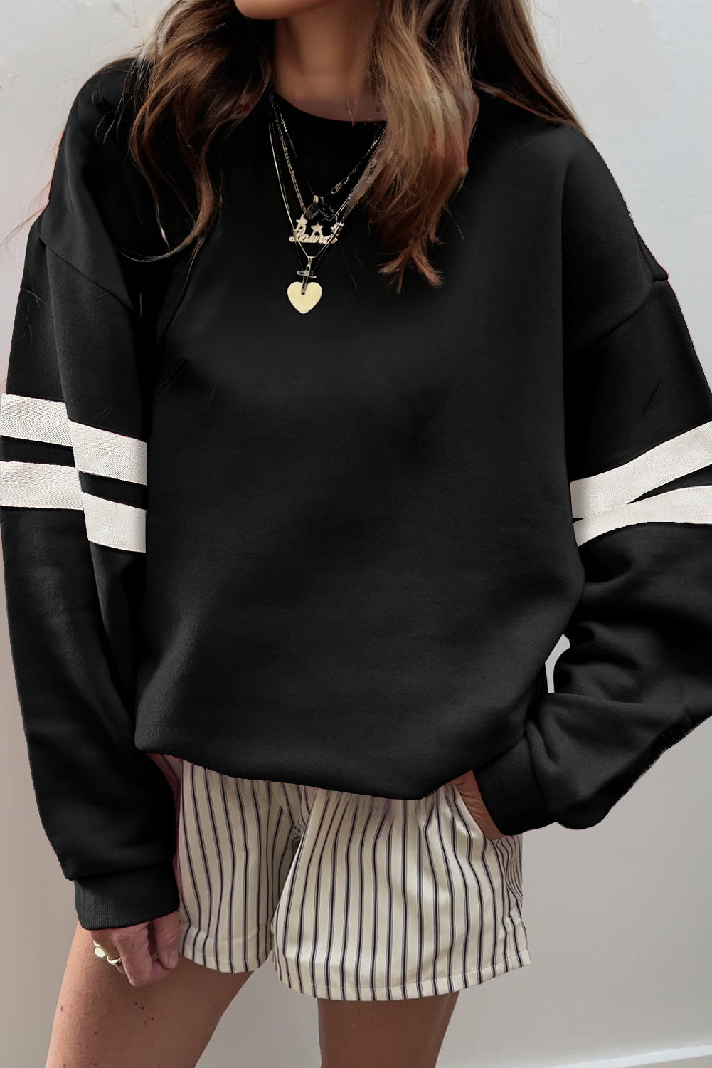 Light French Beige Varsity Striped Detail Drop Shoulder Oversized Sweatshirt