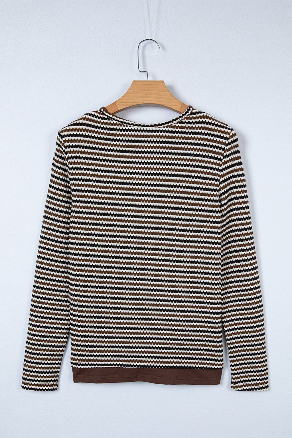 Brown Faux Two Piece Textured Striped Round Neck Long Sleeve T Shirt