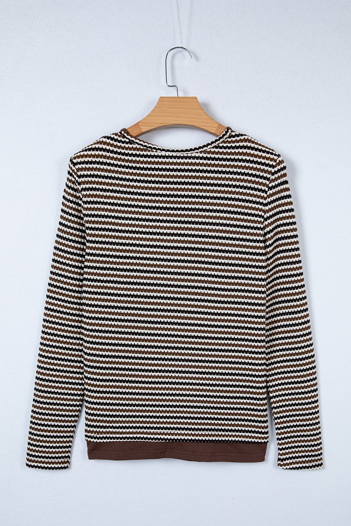 Brown Faux Two Piece Textured Striped Round Neck Long Sleeve T Shirt