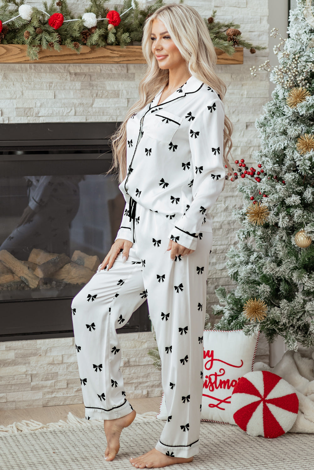 White Bows Print Two Piece Sleepwear
