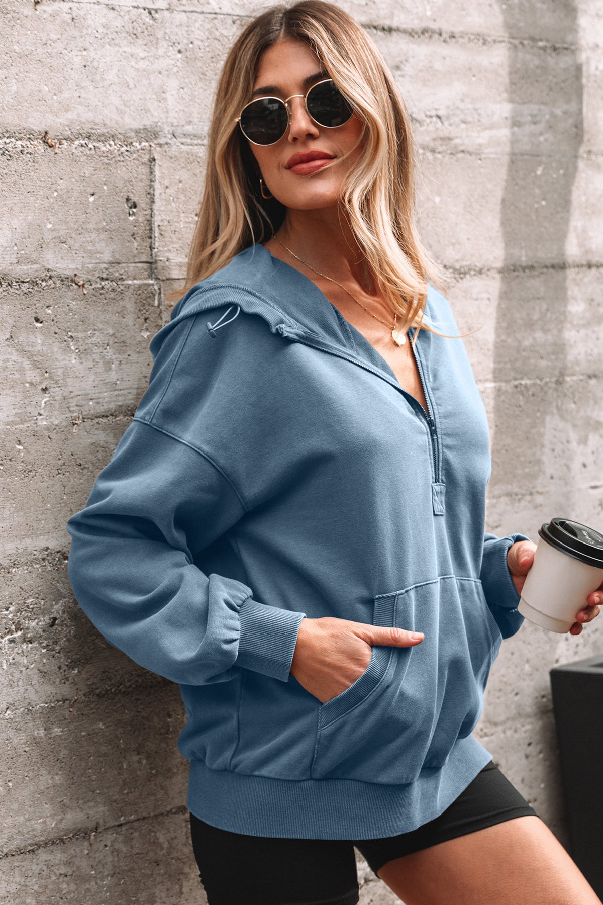 Wild Ginger Half Zip Kangaroo Pocket Mineral Wash Baggy Hoodie