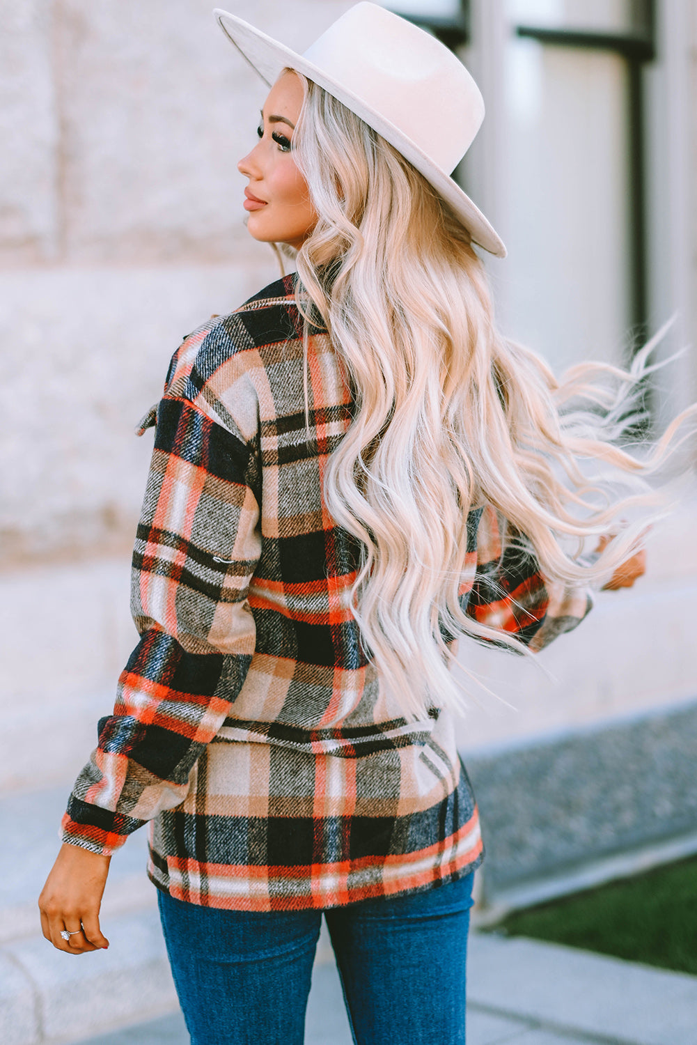 Pink Geometric Plaid Print Pocketed Shacket
