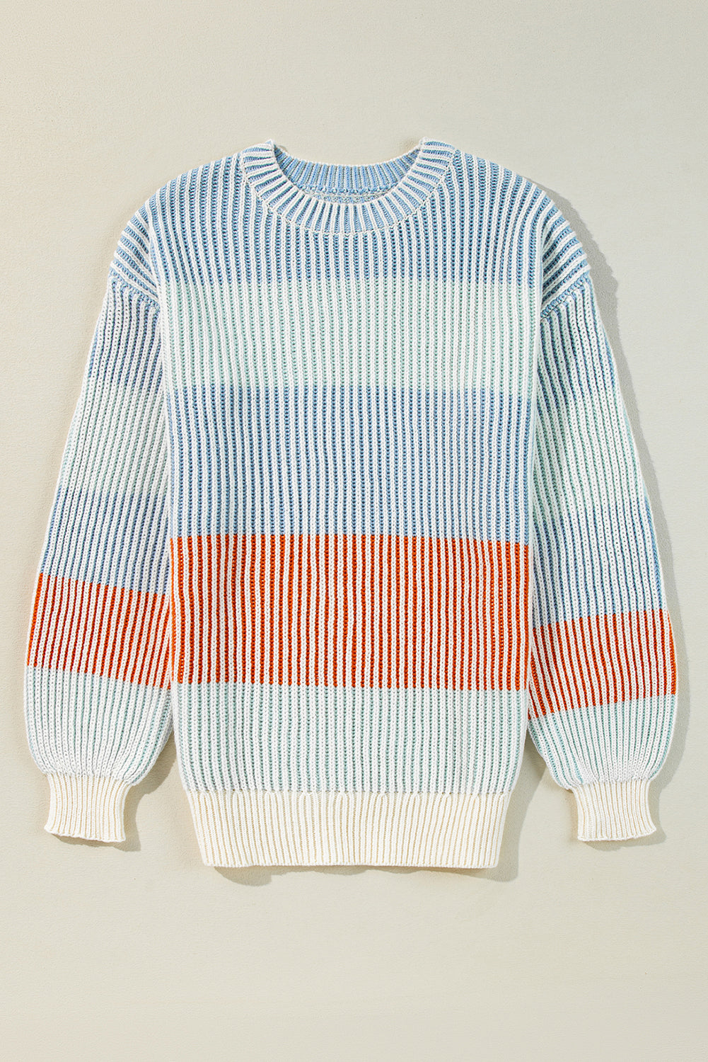 Brown Colorblock Textured Knit Bubble Sleeve Sweater
