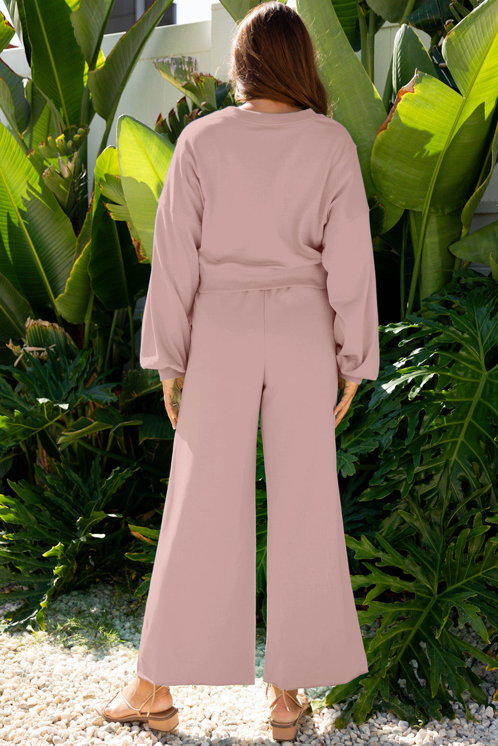 Flamingo Drop Shoulder Puff Sleeve Crop Pullover Drawstring Wide Leg Pants Set