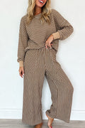 Brown Stripe Drop Shoulder Relaxed Pullover Casual Pants 2pcs Set