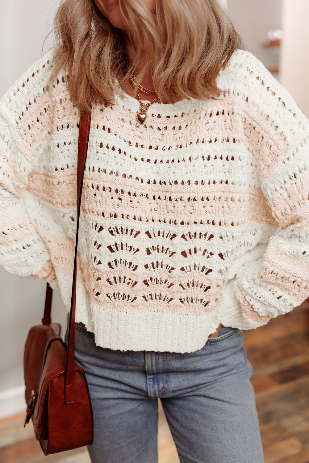 Pink Hollow-out Colorblock Drop Shoulder Casual Sweater