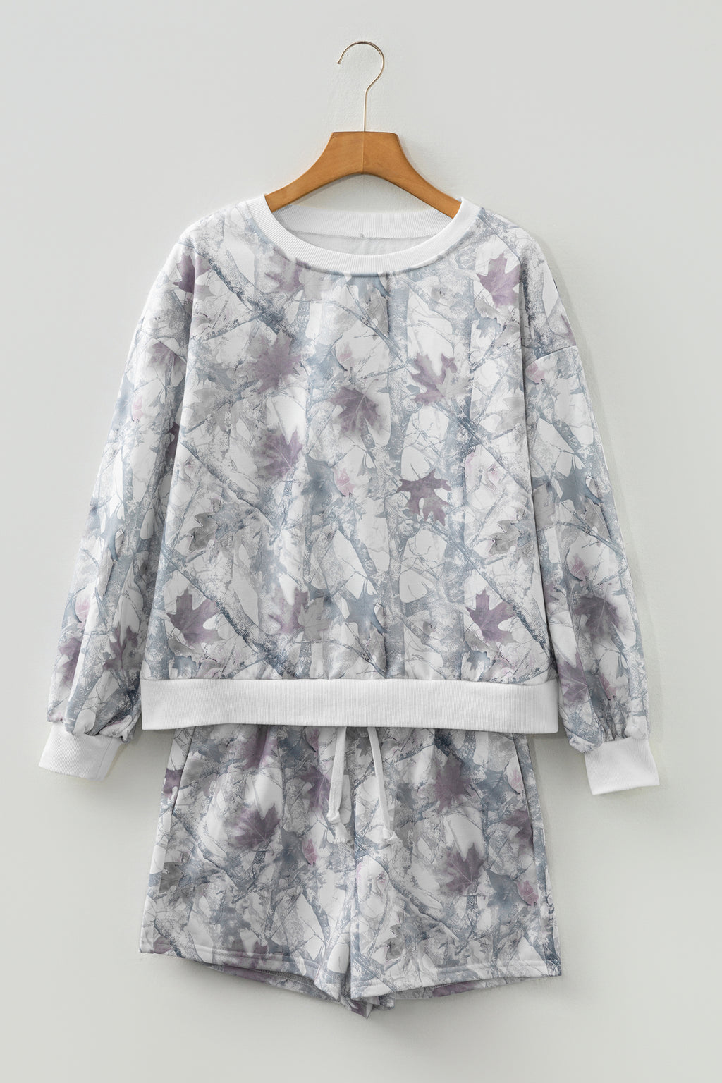 Light Grey Abstract Woodland Camo Print Baggy Pullover Drawstring Shorts Set