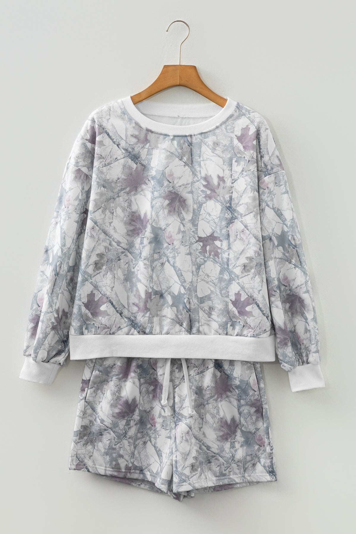 Light Grey Abstract Woodland Camo Print Baggy Pullover Drawstring Shorts Set