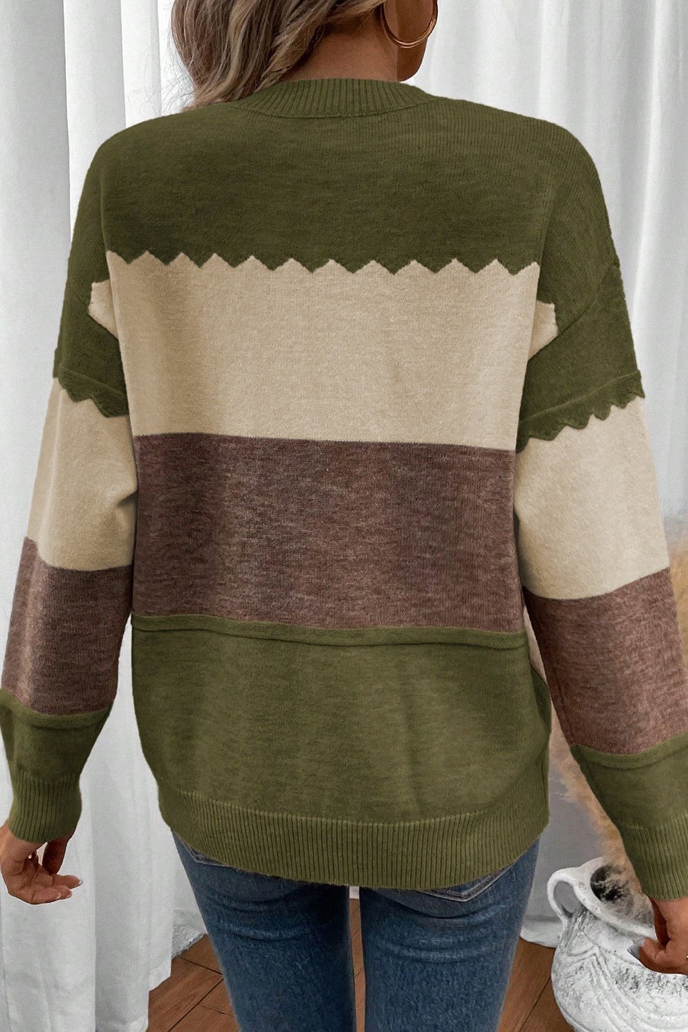Black Colorblock Crew Neck Drop Shoulder Sweater