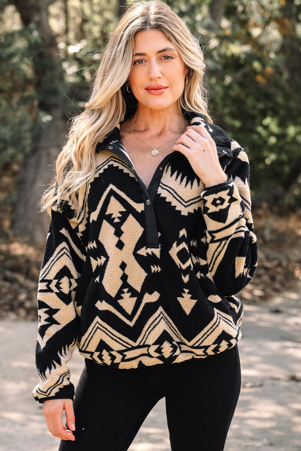 Khaki Western Aztec Half Placket Plush Sweatshirt