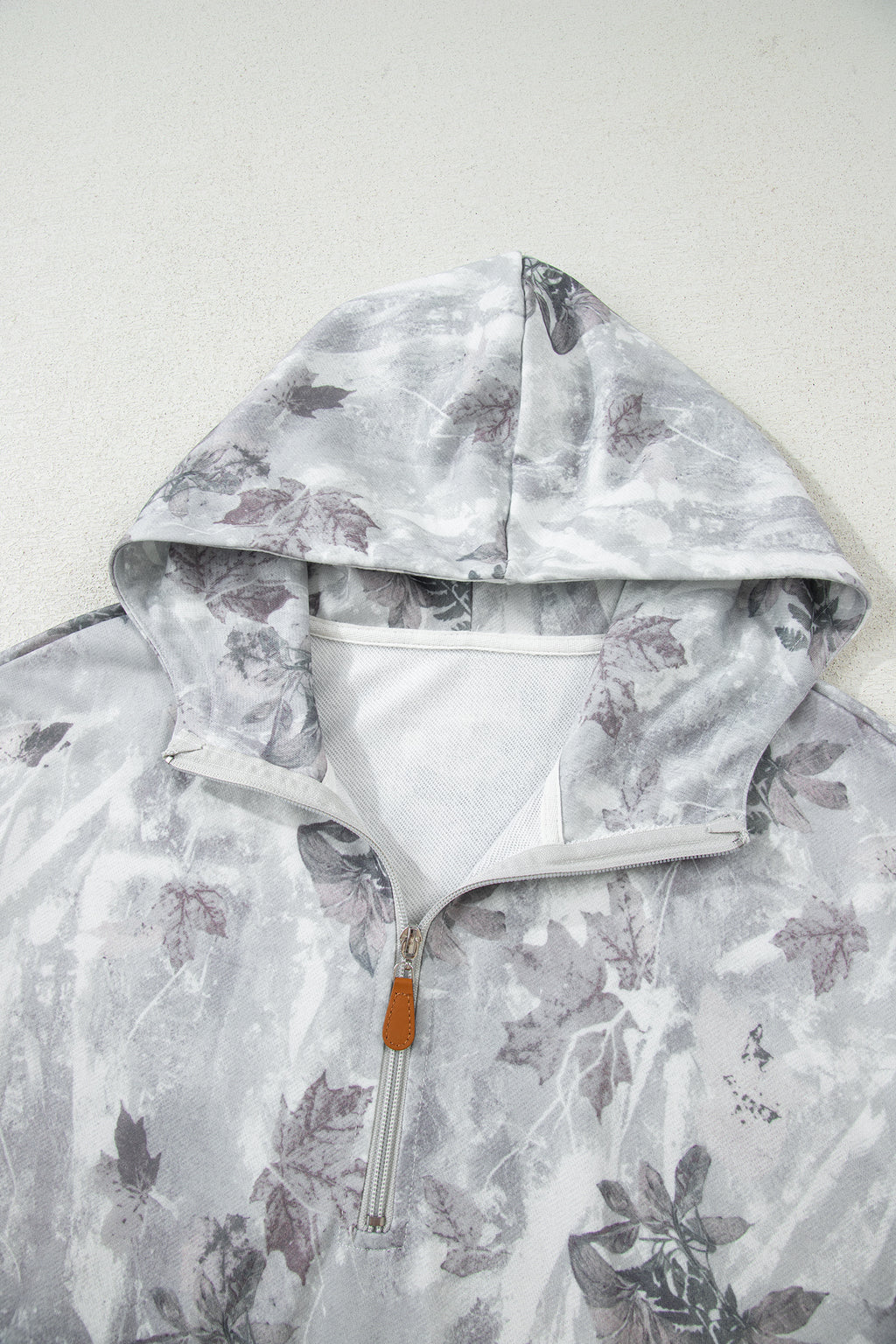 Gray Camo Leaf Print Kangaroo Pocket Quarter Zip Hoodie