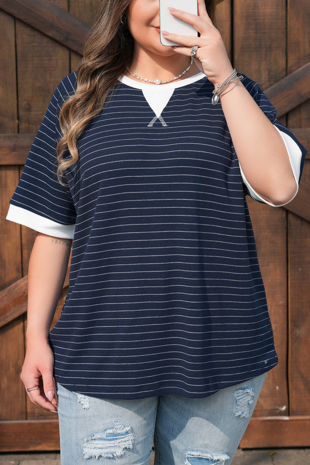 Blue Stripe Contrast Trim Plus Size Ribbed T Shirt