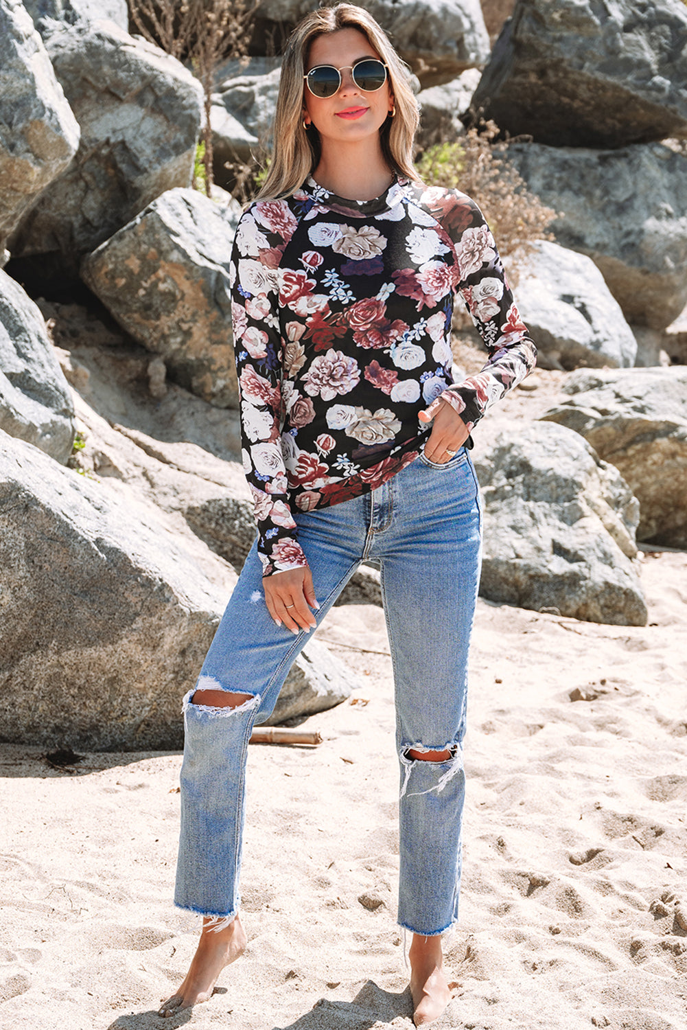 Pink Mesh Floral Print Mock Neck Long Sleeve Slim Top