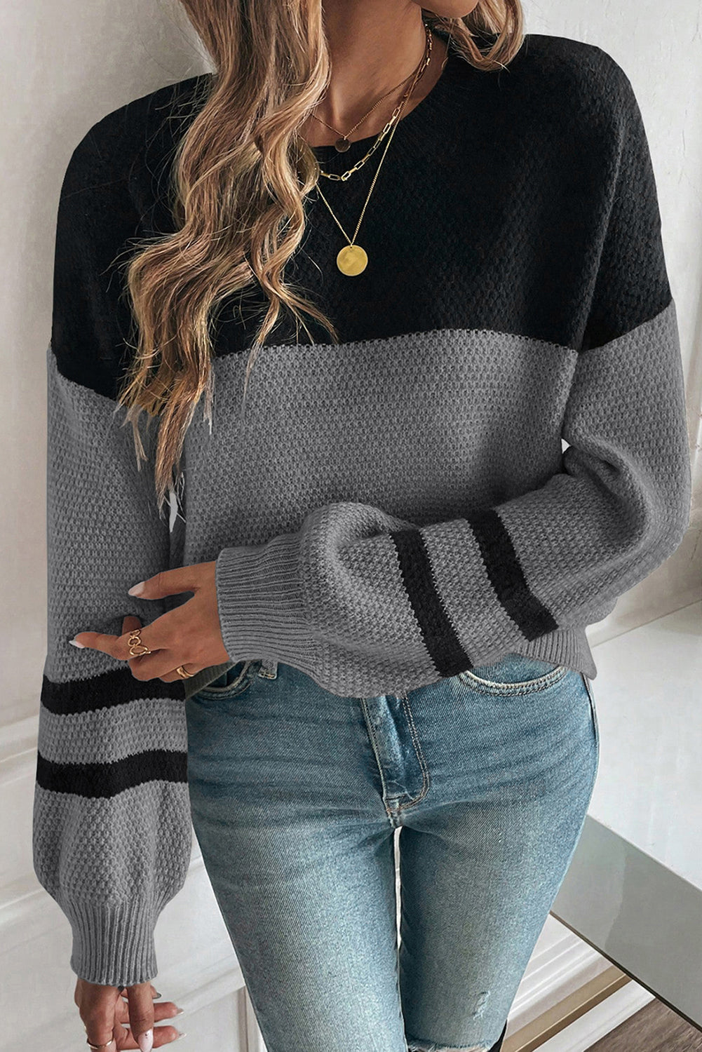 Parchment Color Block Knit Striped Sleeve Detail Casual Sweater