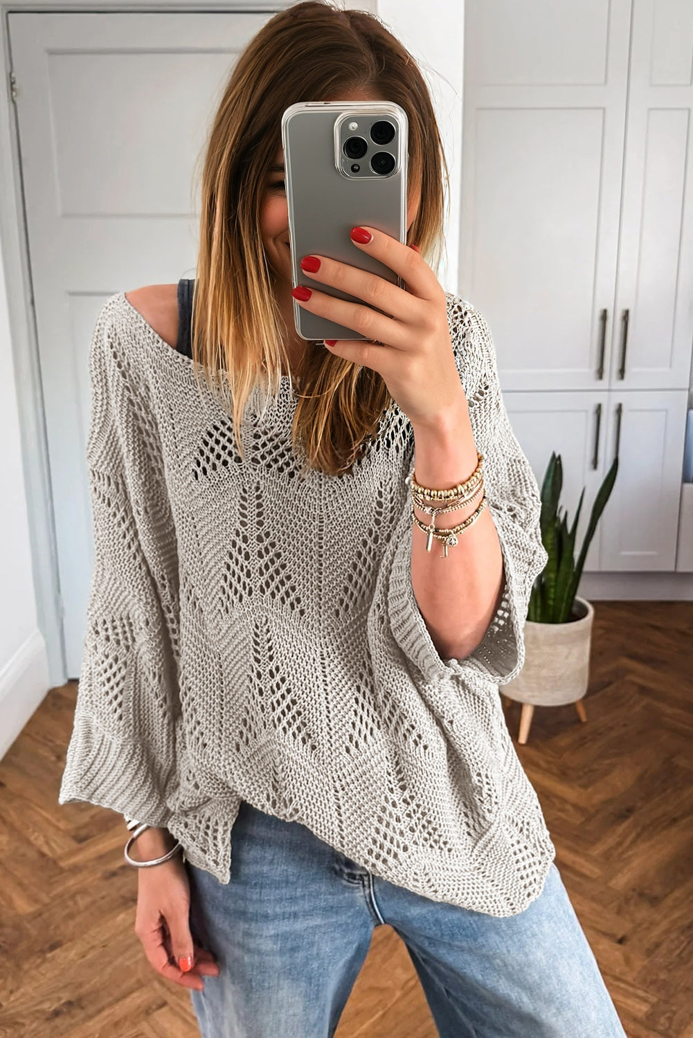 Seagrass Hollow Out Knit 7/8 Sleeve Casual Sweater