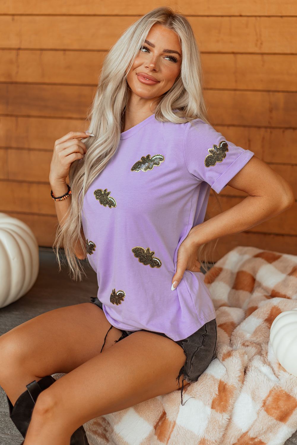 Wisteria Sequin Halloween Bat Patched Casual T Shirt