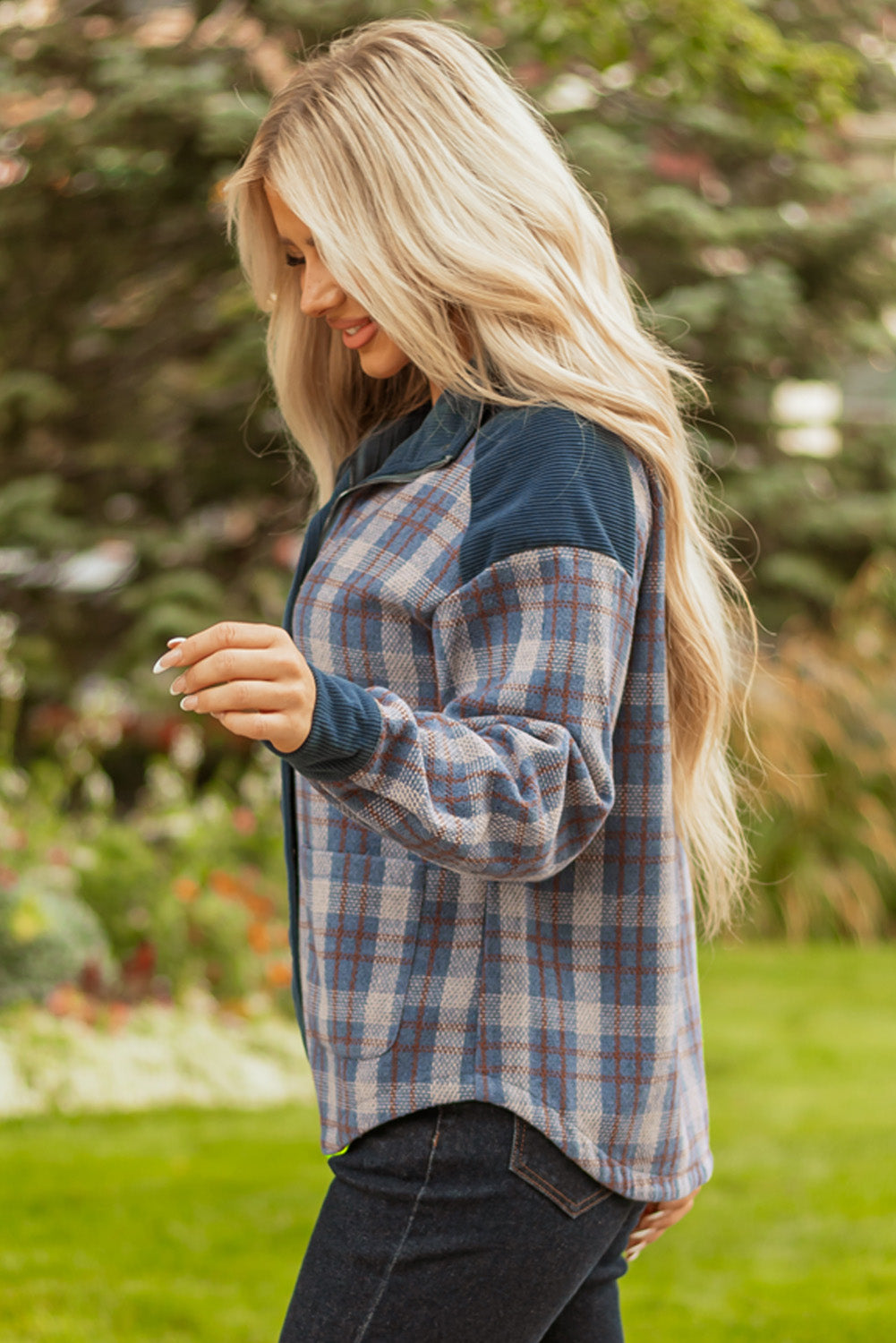 Gray Plaid Corduroy Patchwork Collared Zip Up Snap Button Jacket