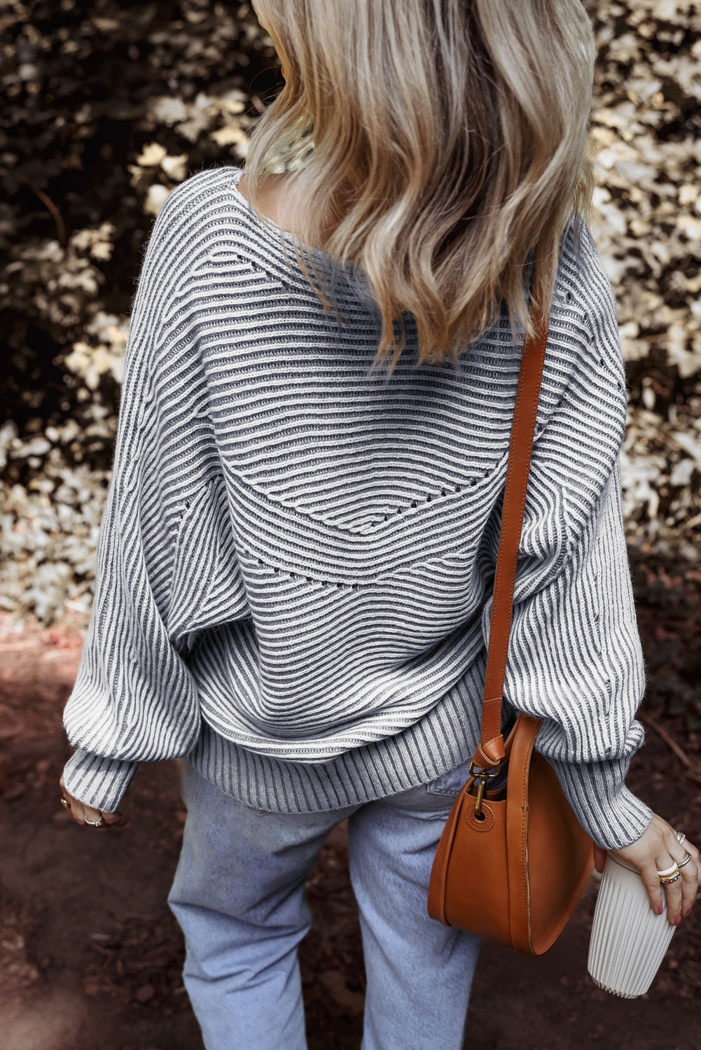 Medium Grey Striped Print Ribbed Knit Boat Neck Baggy Sweater