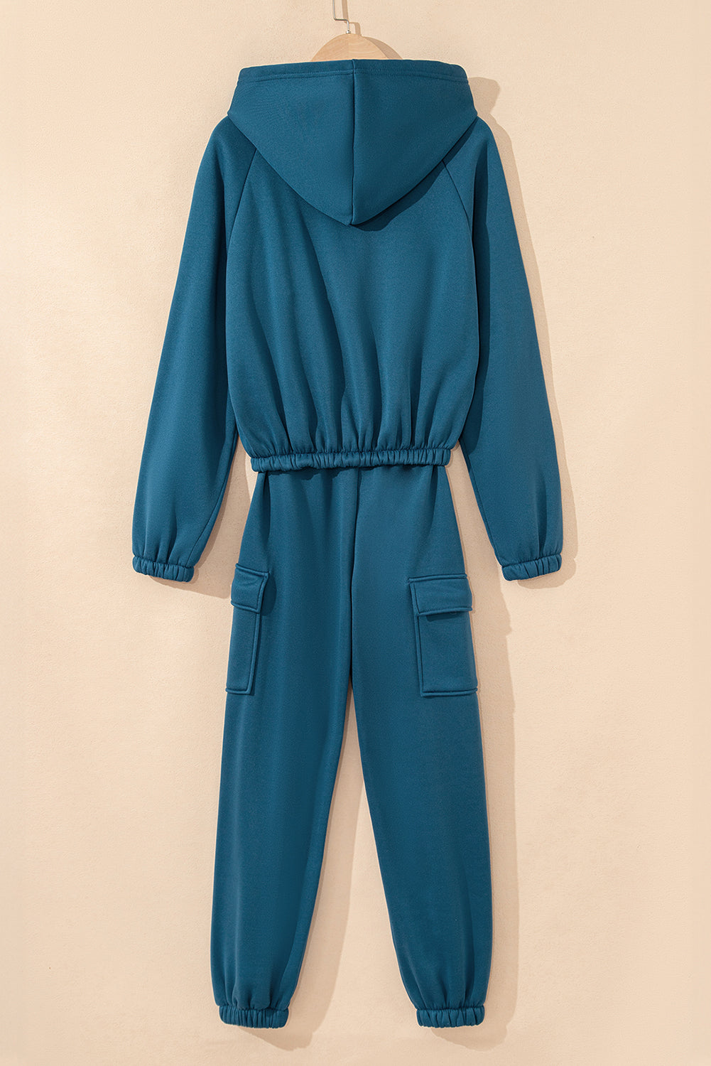 Peacock Blue Cozy Hooded Sweatshirt Drawstring Elastic Waistband Cargo Pant Set