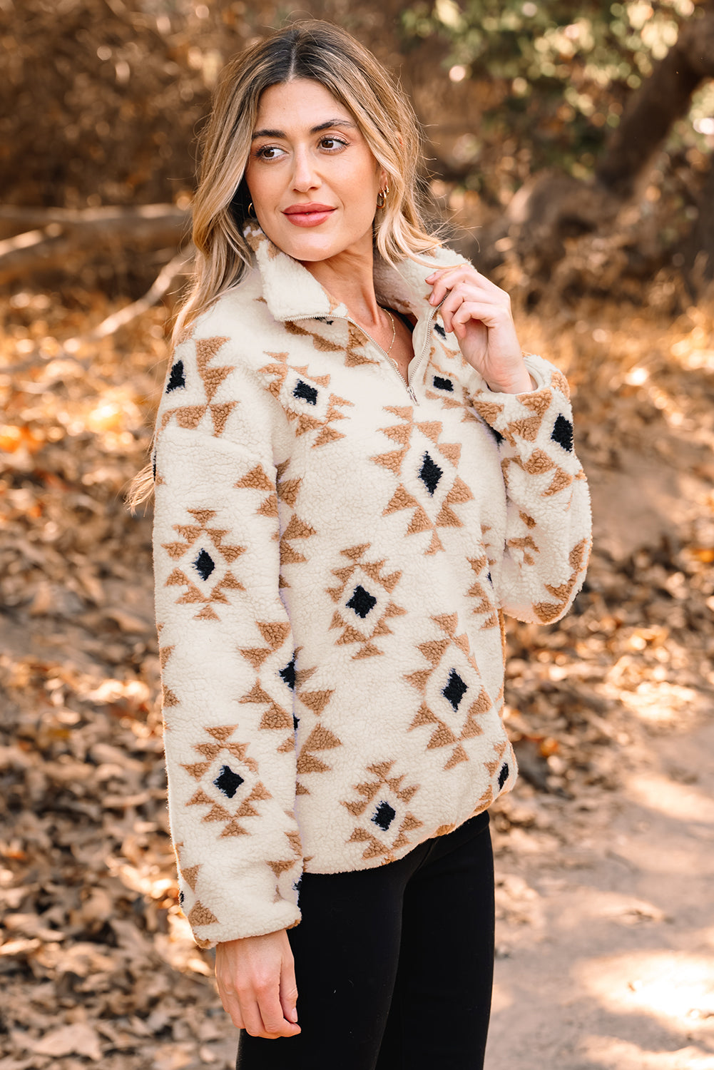 Khaki Aztec Print Sherpa Quarter Zip Collar Sweatshirt