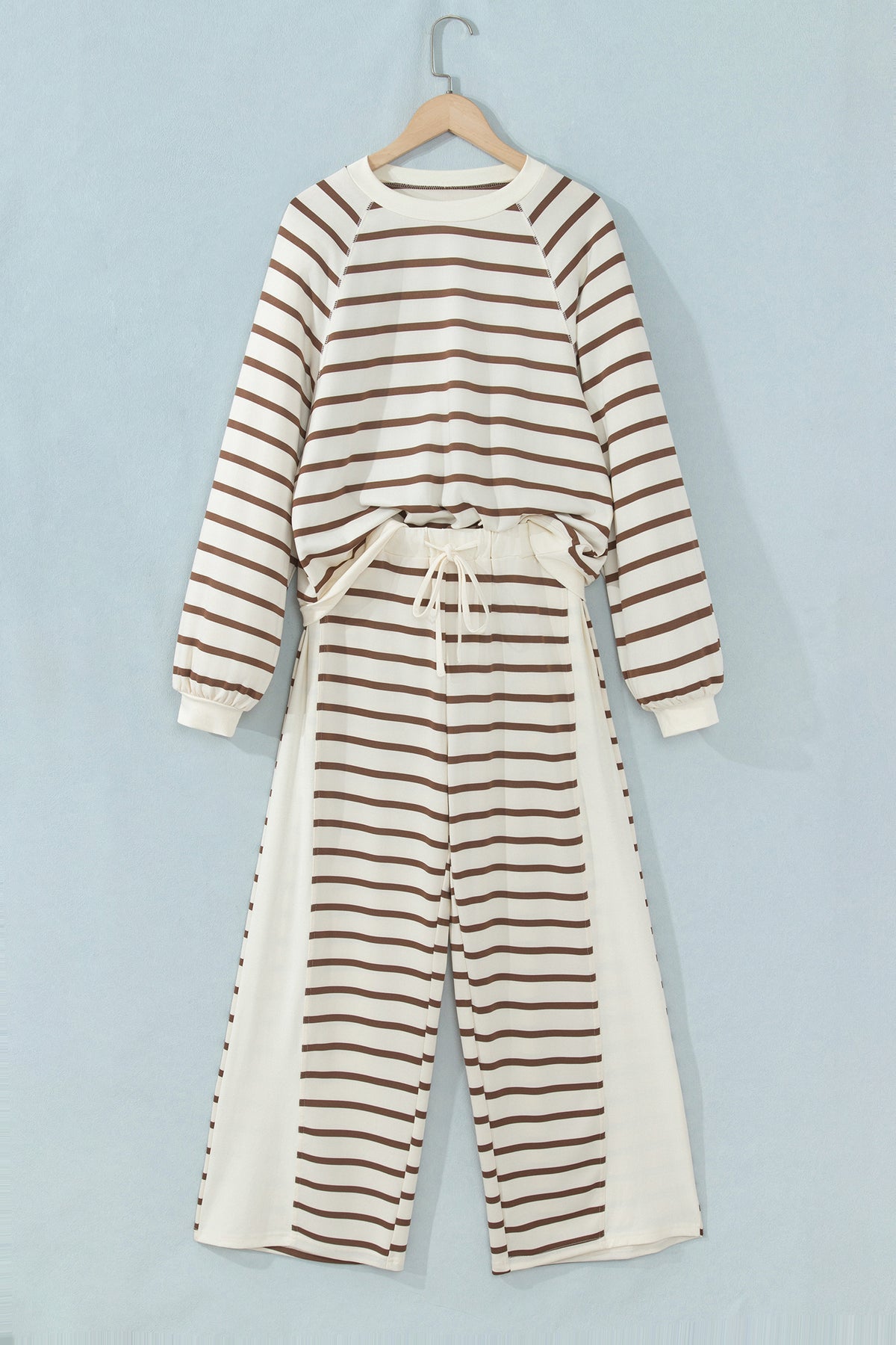 Beige Stripe Relaxed Long Sleeve Top Color Block Detail Drawstring Pant Set