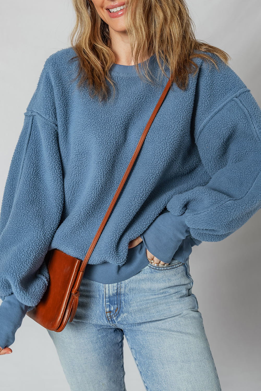 Sail Blue Fleece Drop Shoulder Exposed Seam Patchwork Casual Sweatshirt
