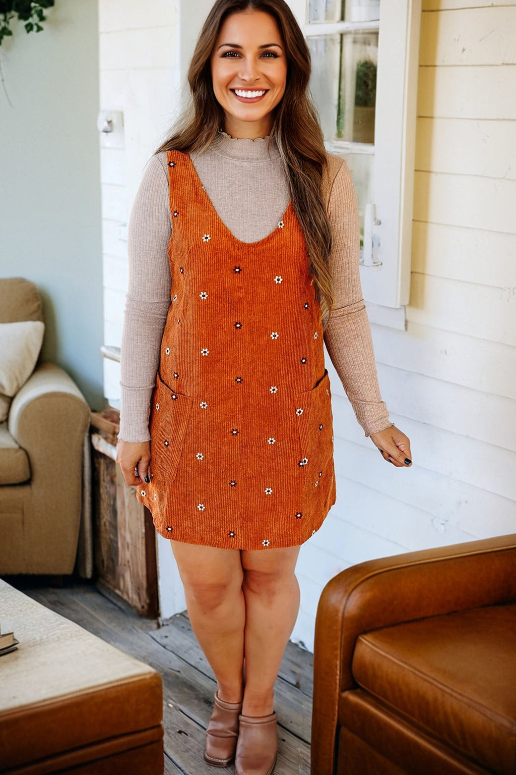 Gold Flame Flower Embroidered Corduroy Overall Mini Dress