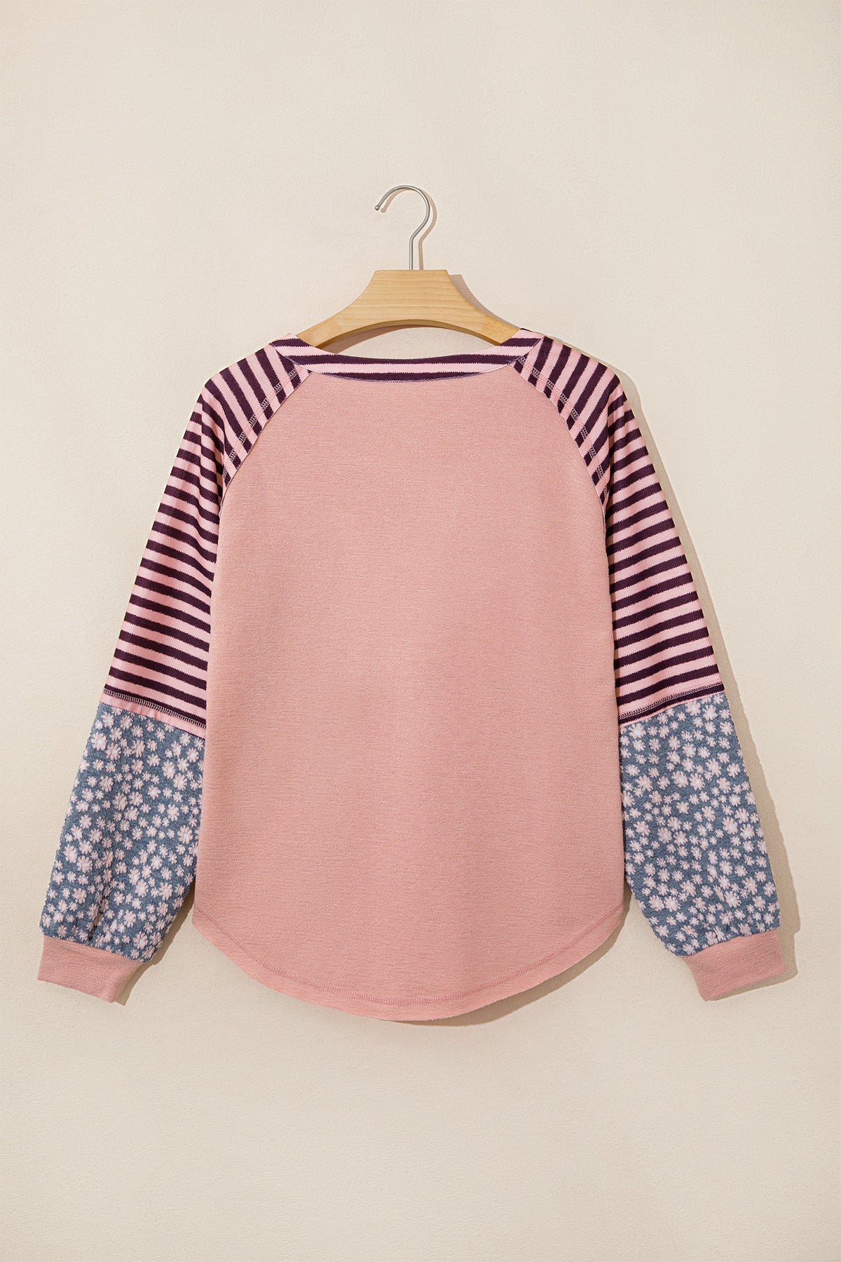 Light Pink V Neck Colorblock Patchwork Striped Floral Long Sleeve Casual Top